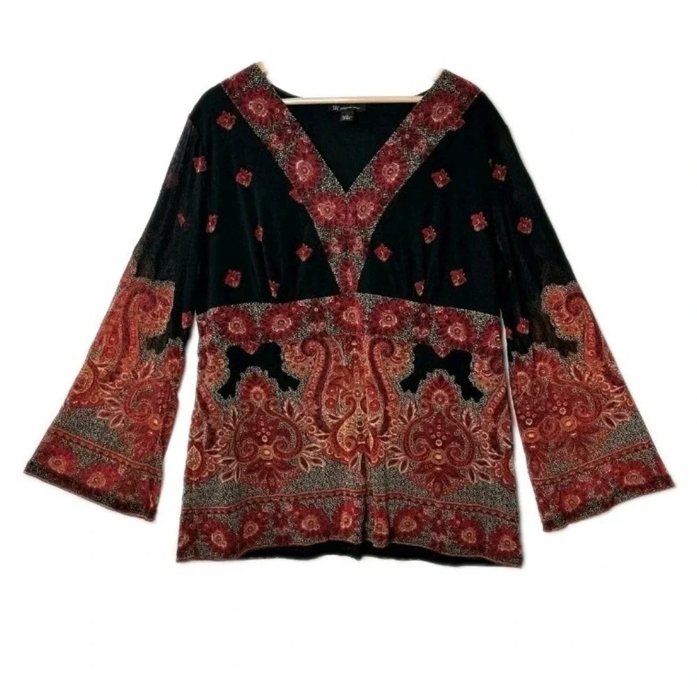 Vtg INC Babydoll Top Black Paisley Mesh Bell Sleeve Y2K Whimsigoth Fairy Boho 2X - Picture 1 of 12